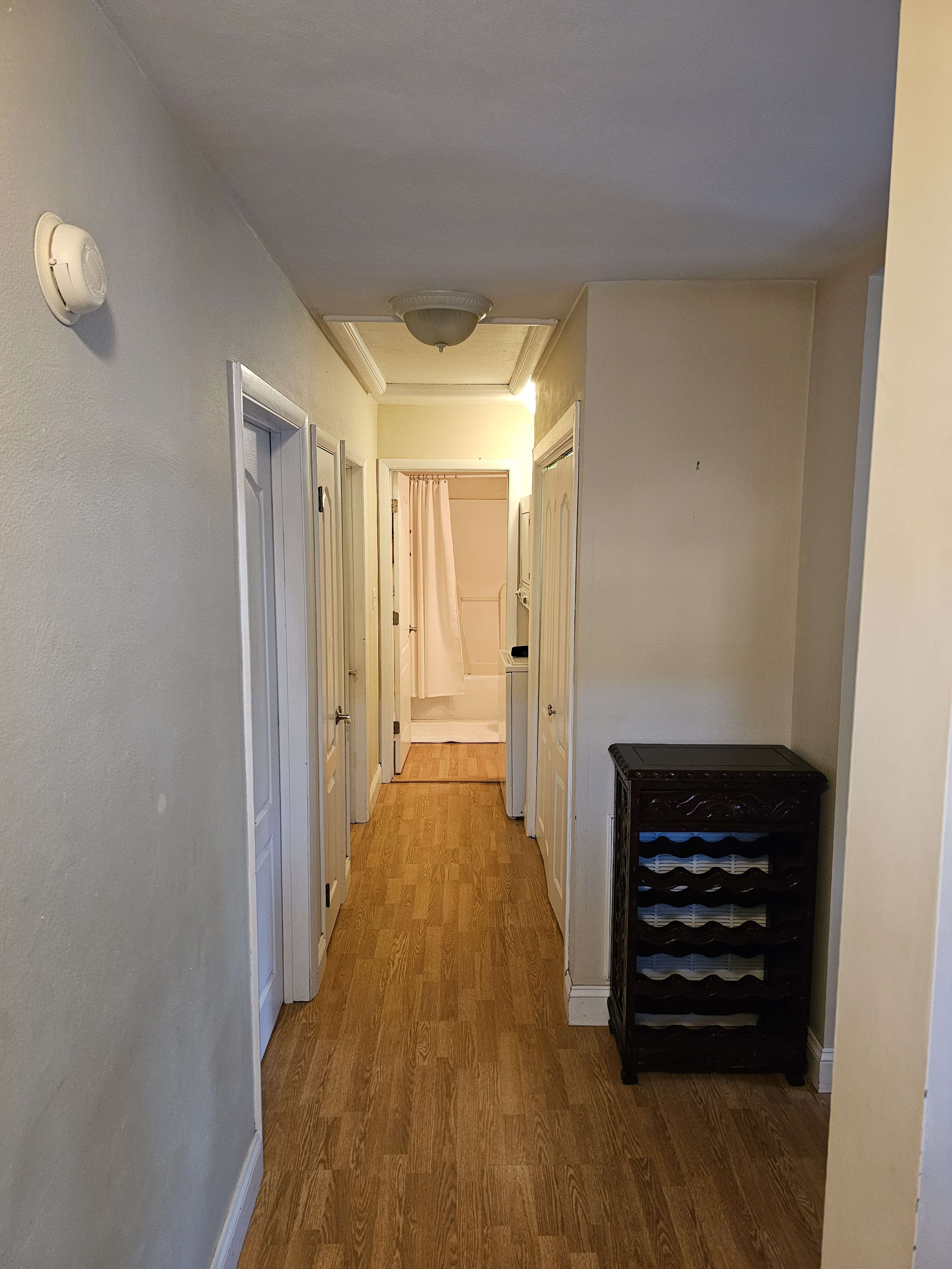 Hallway - bedrooms left, bathroom straight, living area right